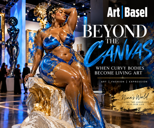 Art Basel-inspired fashion editorial artwork of a curvy Black woman wearing a metallic blue swimsuit and artistic body paint, posed as a living sculpture.