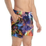 Nina Sharae Men's Bathing Suits Swim Trunks Quick Dry Beach Shorts with Pockets | Purple, Black and Multicolor Abstract