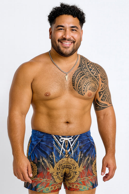 Men's Swim Trunks - Blue, Red & Gold Chain Tribal Design - Nina Sharae Swimwear