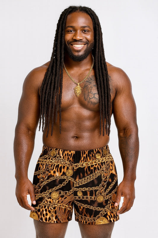 NINA SHARAE MEN'S BATHING SUITS SWIM TRUNKS QUICK DRY BEACH SHORTS WITH POCKETS | BLACK , GOLD ANIMAL AND CHAIN PRINT COLLARED SHIRT | UNISEX | UPF 50+