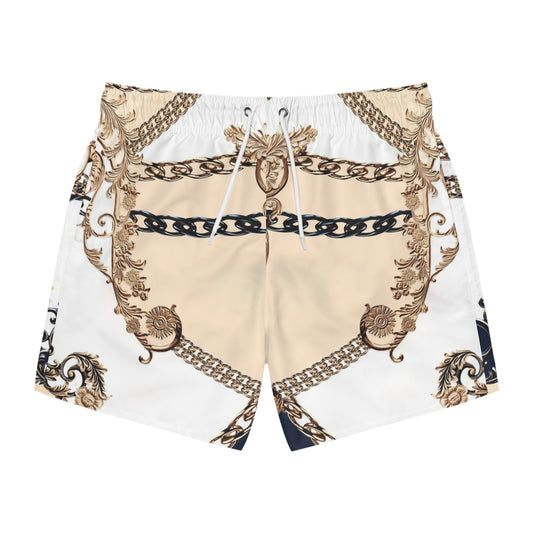 Nina Sharae Swimwear | N.S.R. S. Men's Swim Trunks Blue White Gold Chain Print Quick Dry Beach Shorts with Pockets