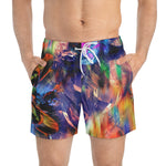 Nina Sharae Men's Bathing Suits Swim Trunks Quick Dry Beach Shorts with Pockets | Purple, Black and Multicolor Abstract