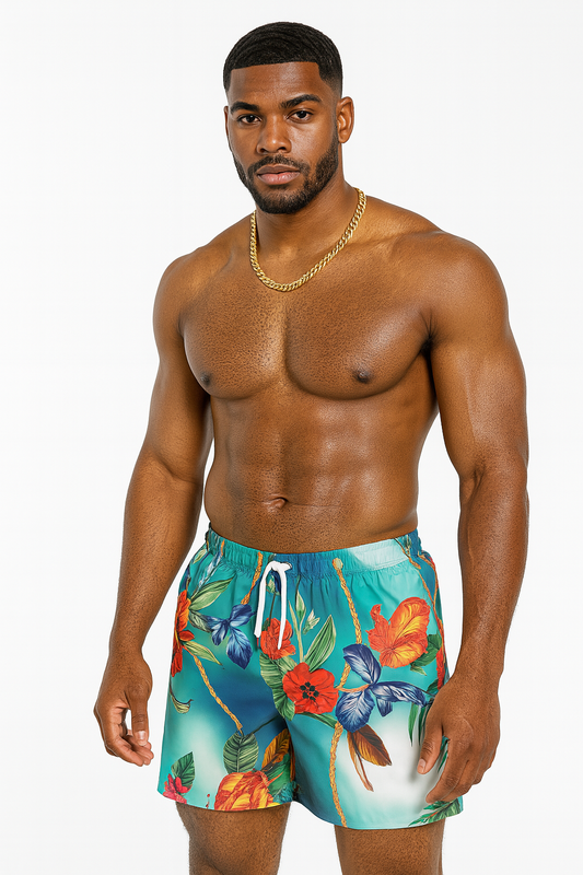 Nina Sharae Swimwear | N.S.R.S Men's Swim Trunks Quick Dry Beach Shorts with Pockets | Blue, Red & Gold Chain Tribal  Swim Trunks Quick Dry Beach Shorts with Pockets | Blue Hawaiian Flowers and Print