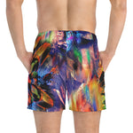 Nina Sharae Men's Bathing Suits Swim Trunks Quick Dry Beach Shorts with Pockets | Purple, Black and Multicolor Abstract