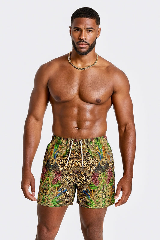 Nina Sharae Swimwear | N.S.R.S Men's Swim Trunks Quick Dry Beach Shorts with Pockets | Green Exotic Animal Print
