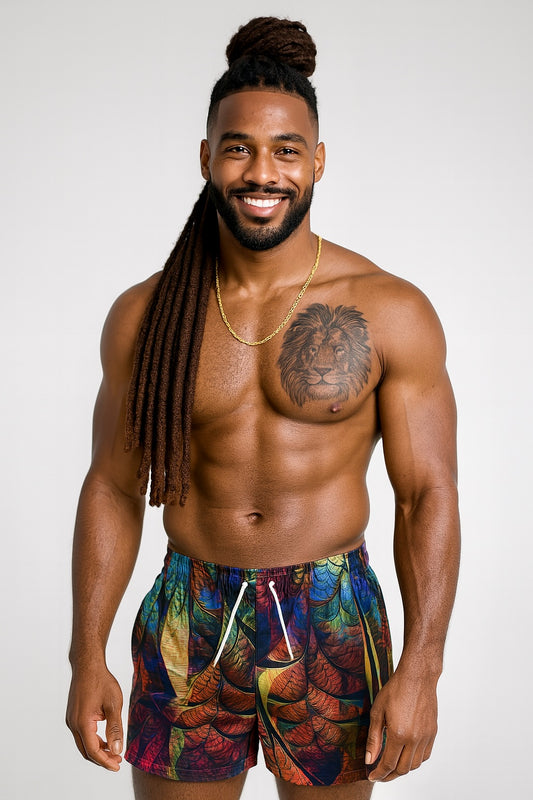 Nina Sharae Swimwear | N.S.R.S Men's Swim Trunks Quick Dry Beach Shorts with Pockets | Multicolor Tribal Feather