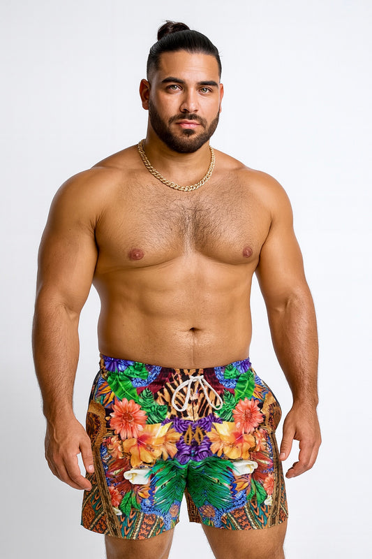 Nina Sharae Swimwear | N.S.R.S Men's Swim Trunks Quick Dry Beach Shorts with Pockets | Blue, Red & Gold Chain Tribal  Quick Dry Beach Shorts with Pockets | Tribal, Animal and Flowers Print