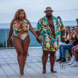 Nina Sharae | Matching Couples Set Vacation for Men & Women: Swim Trunks, Swimsuit Cover Up | Blue Hawaiian | Convertible Bikini Top Compression Short Lining