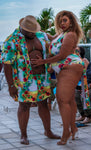 Nina Sharae | Matching Couples Set Vacation for Men & Women: Swim Trunks, Swimsuit Cover Up | Blue Hawaiian | Convertible Bikini Top Compression Short Lining