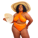 Nina Sharae Orange |  Half  Two piece | Cross Halter Top |Swimsuit | Plus-Size Women's