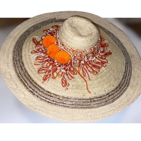 Nina Sharae | Wide Brim Handcrafted Straw Hat | Natural Color |  Orange