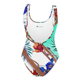 Nina Sharae Swimwear | One-Piece Swimwear Bathing Swimsuit | Blue, Orange Tropical Flowers  Ropes and Chains