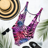 Nina Sharae Swimwear | MultiColor Purple, Pink & Blue Zebra Leopard Print One Piece Swimsuit Plus-Size