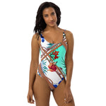 Nina Sharae Swimwear | One-Piece Swimwear Bathing Swimsuit | Blue, Orange Tropical Flowers  Ropes and Chains