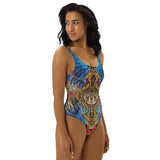 Nina Sharae Swimwear | One-Piece Swimsuit - Red, Blue Tribal Chain Prints