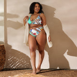 Nina Sharae Resort & Swimwear: High-Waisted Print Bikini Panties and Top | Blue Pink Flower Hawaiian Rope Print