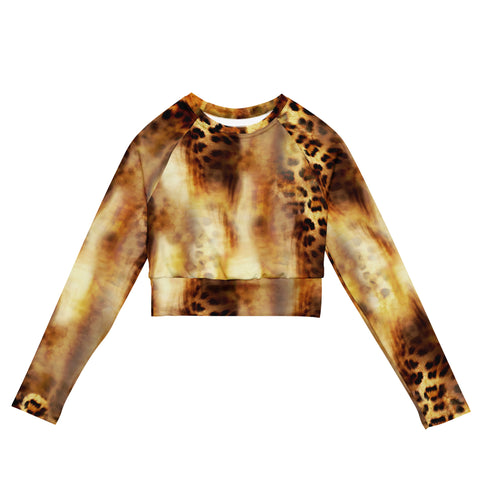 Nina Sharae Swimwear | Recycled Long-Sleeve Crop Top Bathing Swimsuit | Carmeal Leopard Print