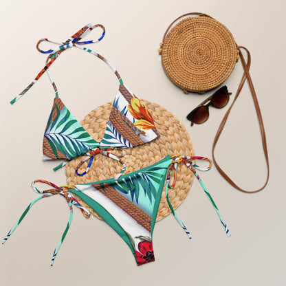 Nina Sharae Swimwear | Recycled String Bikini  Blue Hawaiian Rope & Flowers Print