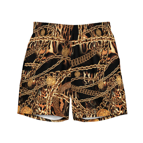 NINA SHARAE MEN'S BATHING SUITS SWIM TRUNKS QUICK DRY BEACH SHORTS WITH POCKETS | BLACK , GOLD ANIMAL AND CHAIN PRINT COLLARED SHIRT | UNISEX | UPF 50+