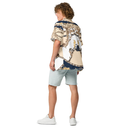 NINA SHARAE MEN'S SWIM TRUNKS QUICK DRY BEACH SHIRTS WITH POCKETS | BLUE, WHITE, GOLD CHAIN PRINT COLLARED SHIRT | UNISEX