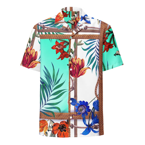 Nina Sharae Swimwear | Male Button Up Shirt | Blue Hawaiian Rope & Flower Unisex |