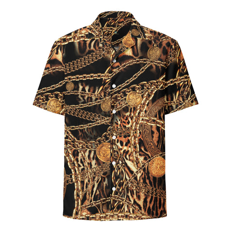 NINA SHARAE MEN'S BATHING SUITS SWIM TRUNKS QUICK DRY BEACH SHIRTS WITH POCKETS | BLACK , GOLD ANIMAL AND CHAIN PRINT COLLARED SHIRT | UNISEX