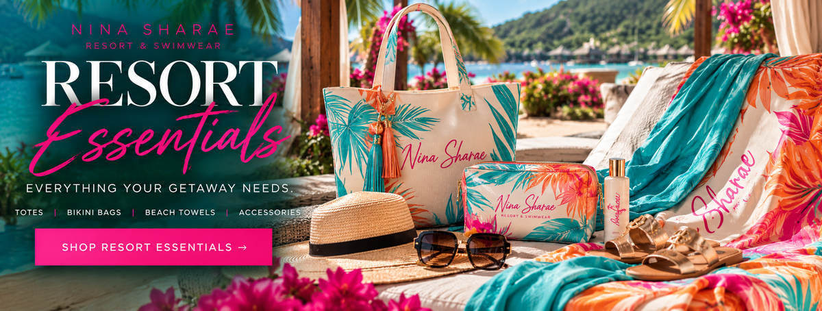 Nina Sharae Resort Essentials banner featuring totes, bikini bags, beach towels and vacation accessories