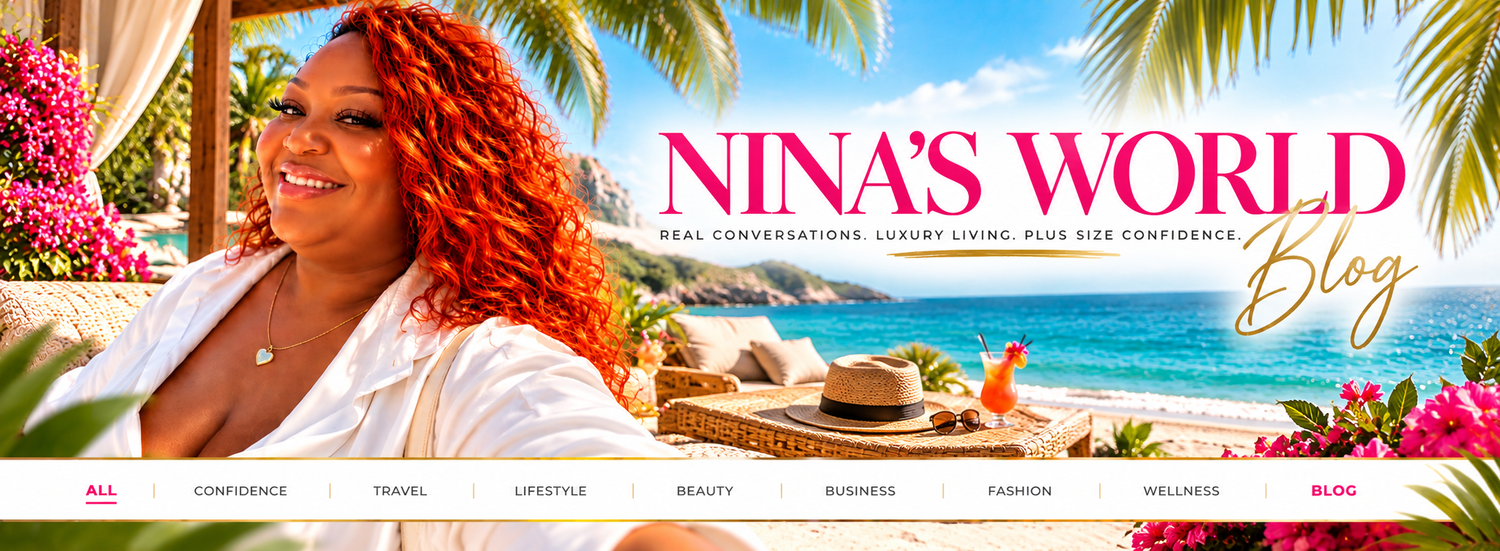 Nina's World Blog tropical luxury lifestyle header with pink Nina's World lettering and gold Blog script
