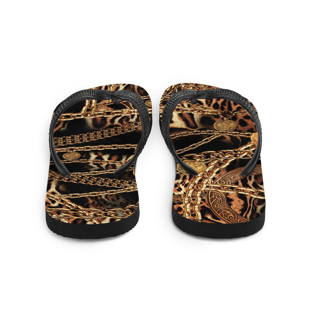 NINA SHARAE SWIMWEAR | BEACH FLIP-FLOPS SHOWER SHOE | BLACK, GOLD CHAIN ANIMAL PRINT