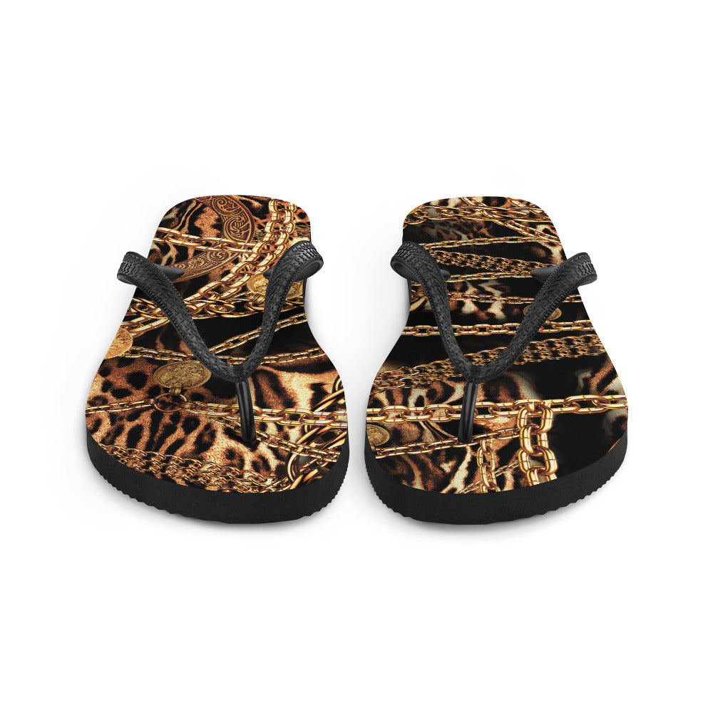 NINA SHARAE SWIMWEAR | BEACH FLIP-FLOPS SHOWER SHOE | BLACK, GOLD CHAIN ANIMAL PRINT