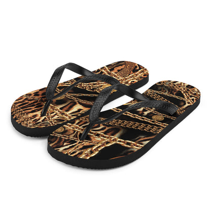 NINA SHARAE SWIMWEAR | BEACH FLIP-FLOPS SHOWER SHOE | BLACK, GOLD CHAIN ANIMAL PRINT