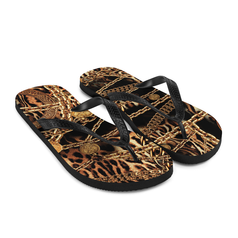 NINA SHARAE SWIMWEAR | BEACH FLIP-FLOPS SHOWER SHOE | BLACK, GOLD CHAIN ANIMAL PRINT