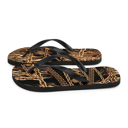 NINA SHARAE SWIMWEAR | BEACH FLIP-FLOPS SHOWER SHOE | BLACK, GOLD CHAIN ANIMAL PRINT