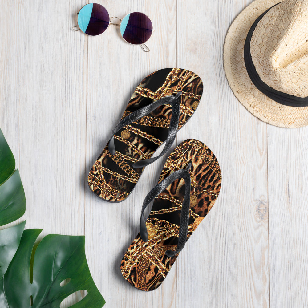 NINA SHARAE SWIMWEAR | BEACH FLIP-FLOPS SHOWER SHOE | BLACK, GOLD CHAIN ANIMAL PRINT