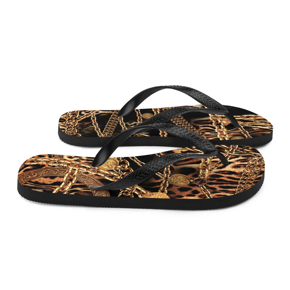 NINA SHARAE SWIMWEAR | BEACH FLIP-FLOPS SHOWER SHOE | BLACK, GOLD CHAIN ANIMAL PRINT