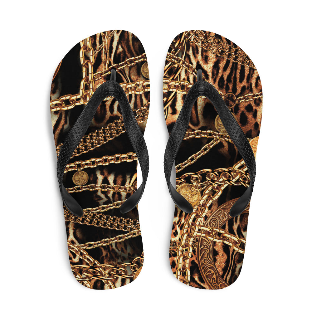 NINA SHARAE SWIMWEAR | BEACH FLIP-FLOPS SHOWER SHOE | BLACK, GOLD CHAIN ANIMAL PRINT