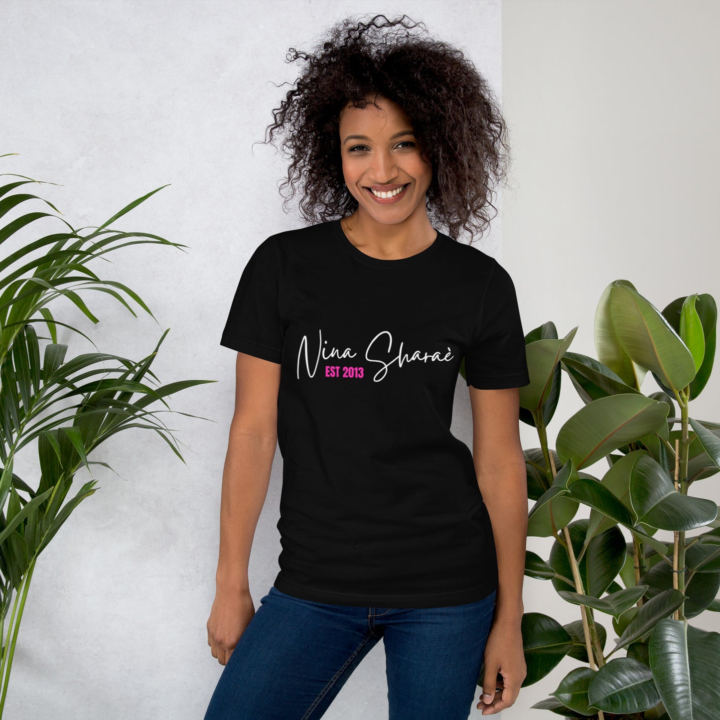 NINA SHARAE BRAND CURSIVE WHITE & PINK LETTERS T-SHIRT | WOMEN'S UNISEX SHIRT