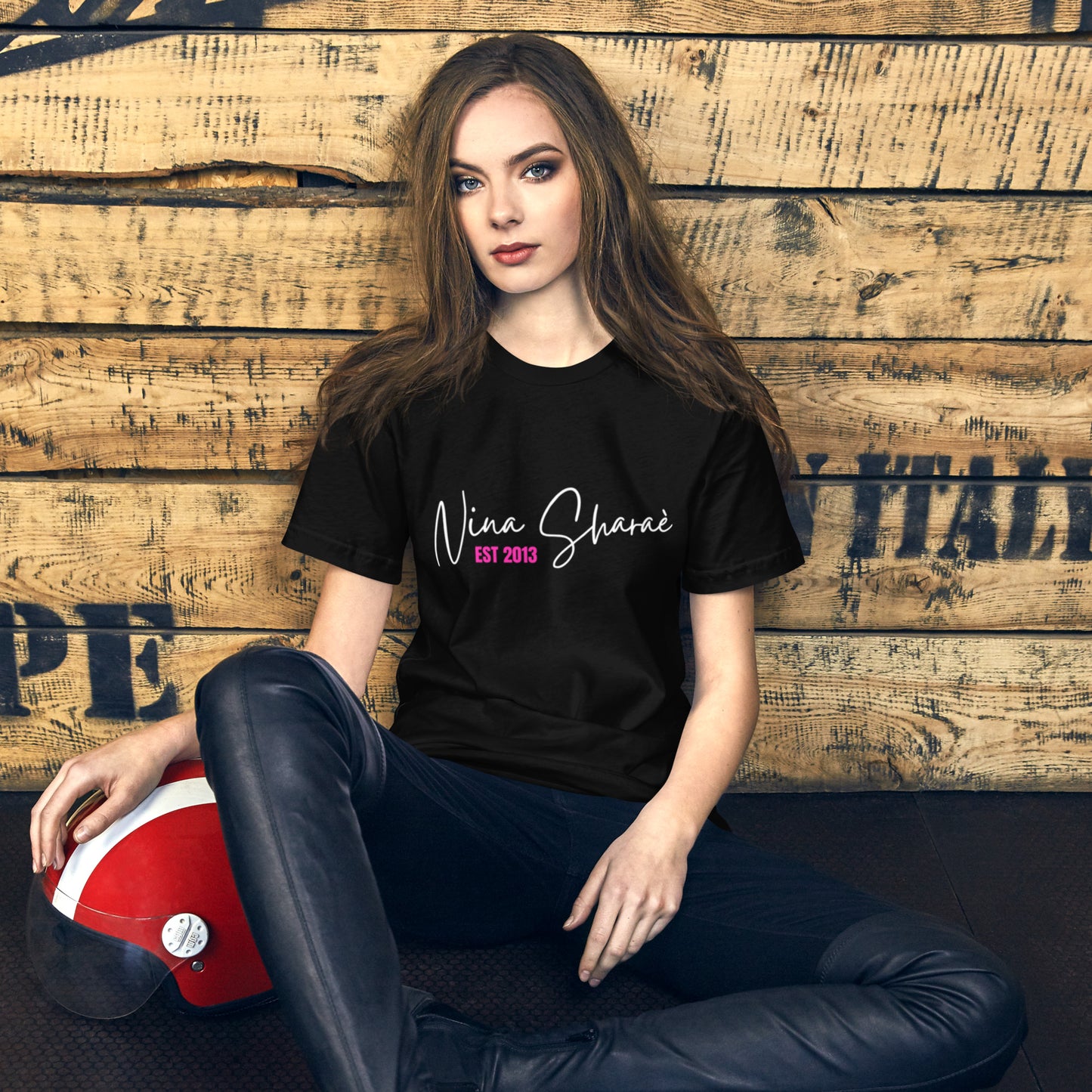 NINA SHARAE BRAND CURSIVE WHITE & PINK LETTERS T-SHIRT | WOMEN'S UNISEX SHIRT