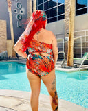 Nina Sharae Red | Feathers  | One Shoulder | One Piece | Plus-Size Swimsuit Women's